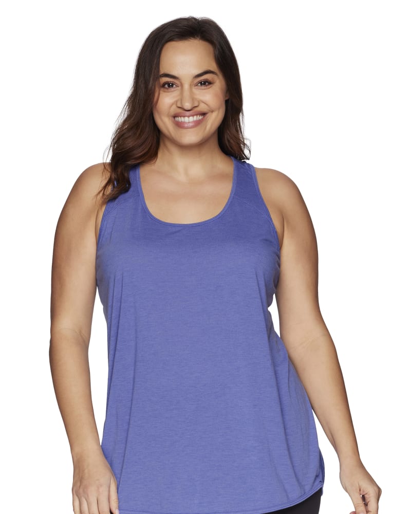Front of a model wearing a size 1X Prime Relaxed Twist Back Tank Top in Periwinkle by RBX Active. | dia_product_style_image_id:294403